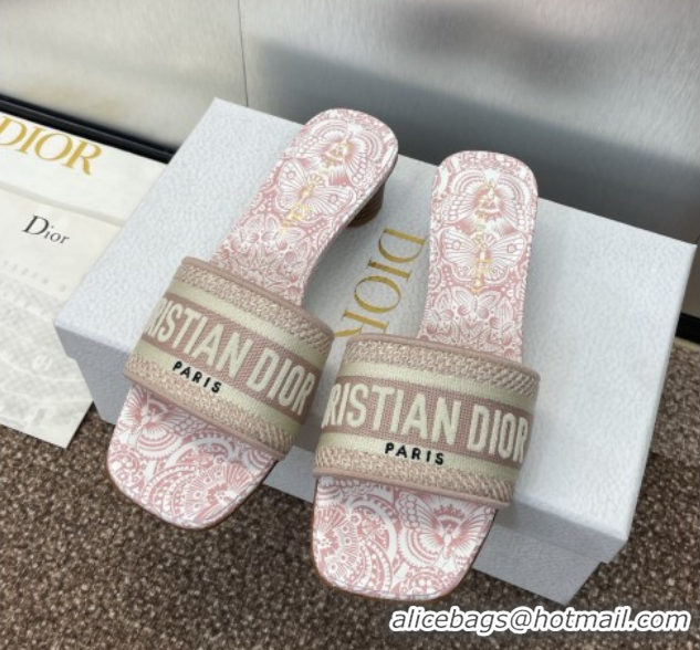 Best Product Dior Dway Heel Slides Sandal 4.5cm in Embroidered Cotton with D-Butterfly Paisley Motif Light Pink 0425079