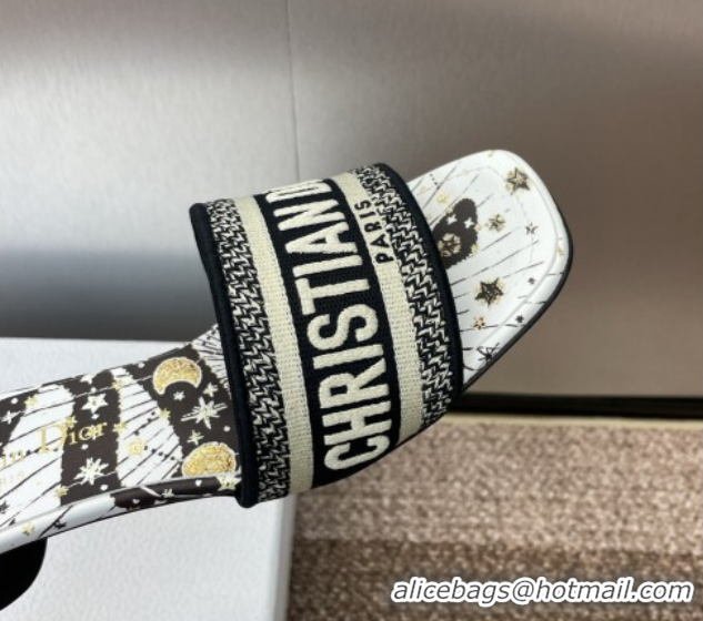 Good Looking Dior Dway Heel Slides Sandal 4.5cm in Embroidered Cotton with Black and Beige Astral Motif 0425080