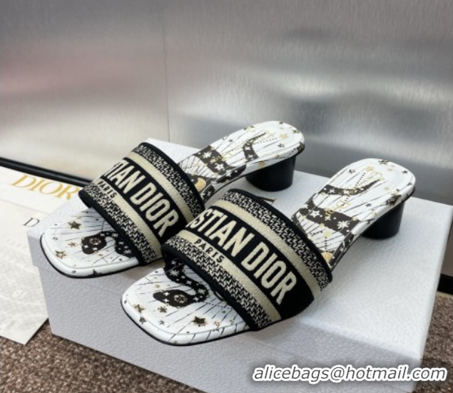 Good Looking Dior Dway Heel Slides Sandal 4.5cm in Embroidered Cotton with Black and Beige Astral Motif 0425080