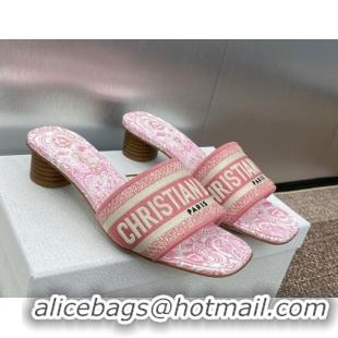 Hot Style Dior Dway Heel Slides Sandal 4.5cm in Embroidered Cotton with D-Butterfly Paisley Motif Pink 0425083