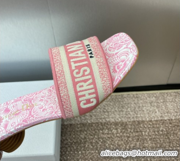 Hot Style Dior Dway Heel Slides Sandal 4.5cm in Embroidered Cotton with D-Butterfly Paisley Motif Pink 0425083