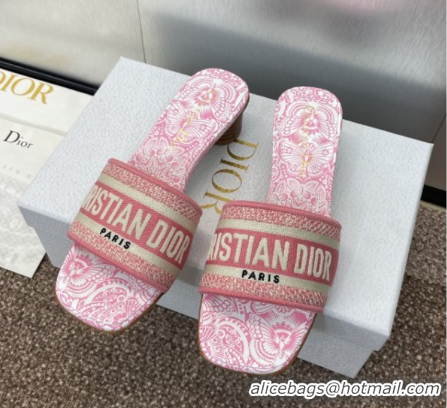 Hot Style Dior Dway Heel Slides Sandal 4.5cm in Embroidered Cotton with D-Butterfly Paisley Motif Pink 0425083