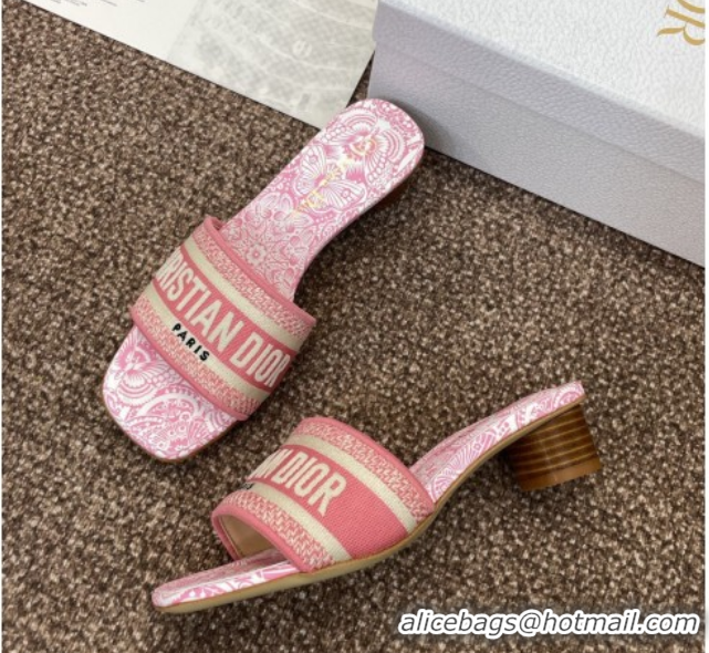 Hot Style Dior Dway Heel Slides Sandal 4.5cm in Embroidered Cotton with D-Butterfly Paisley Motif Pink 0425083