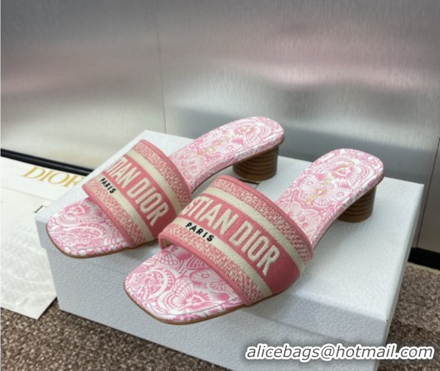 Hot Style Dior Dway Heel Slides Sandal 4.5cm in Embroidered Cotton with D-Butterfly Paisley Motif Pink 0425083