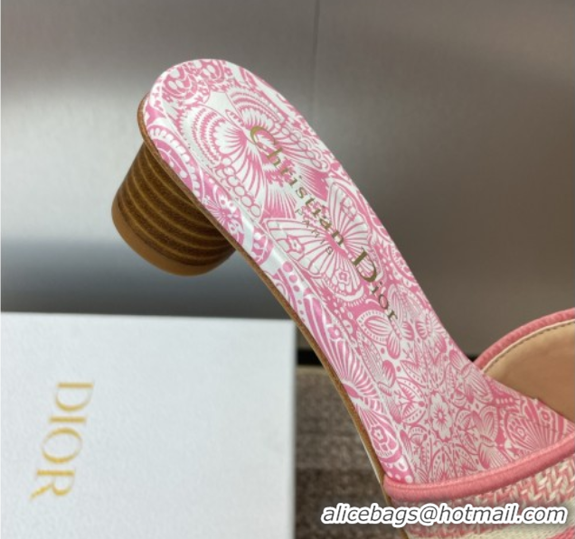 Hot Style Dior Dway Heel Slides Sandal 4.5cm in Embroidered Cotton with D-Butterfly Paisley Motif Pink 0425083