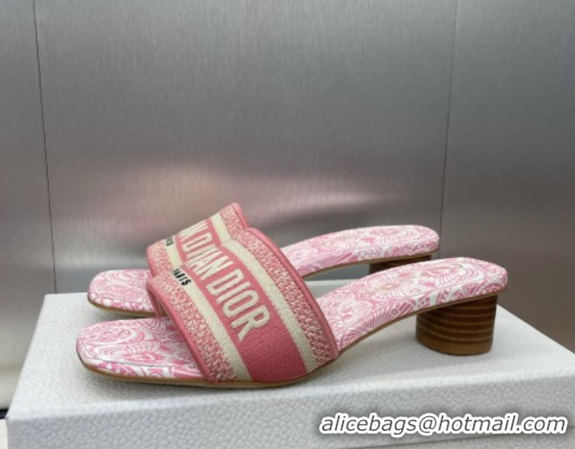 Hot Style Dior Dway Heel Slides Sandal 4.5cm in Embroidered Cotton with D-Butterfly Paisley Motif Pink 0425083