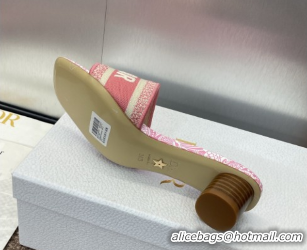 Hot Style Dior Dway Heel Slides Sandal 4.5cm in Embroidered Cotton with D-Butterfly Paisley Motif Pink 0425083