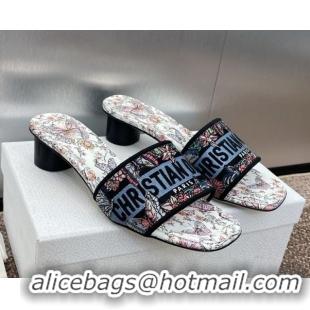 Luxury Discount Dior Dway Heel Slides Sandal 4.5cm in Embroidered Cotton with Multicolor Toile de Jouy Papillon Motif Bl