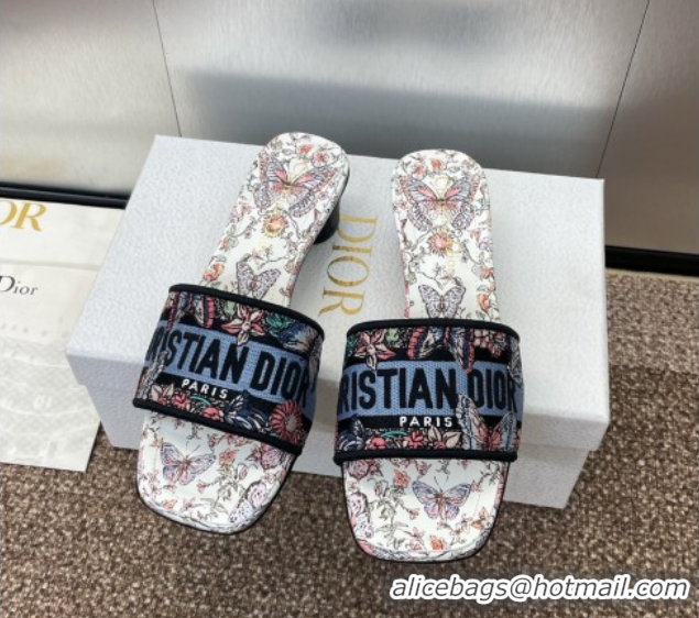 Luxury Discount Dior Dway Heel Slides Sandal 4.5cm in Embroidered Cotton with Multicolor Toile de Jouy Papillon Motif Bl