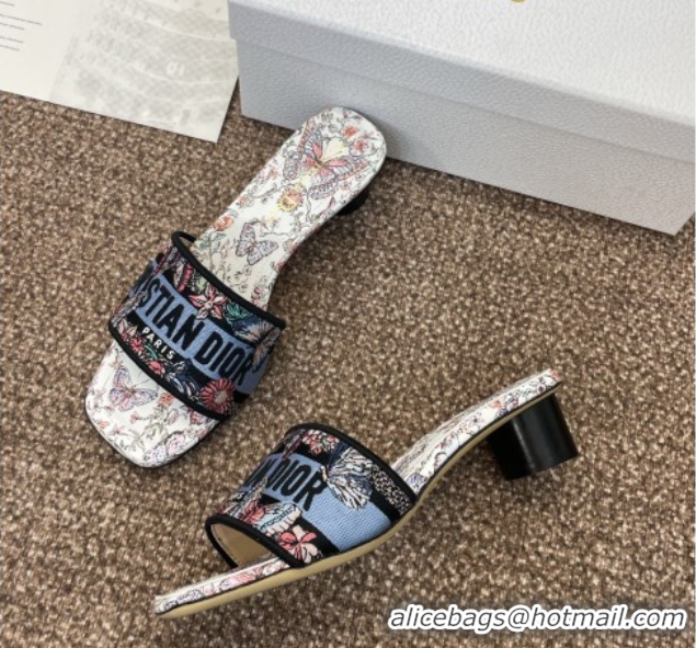 Luxury Discount Dior Dway Heel Slides Sandal 4.5cm in Embroidered Cotton with Multicolor Toile de Jouy Papillon Motif Bl