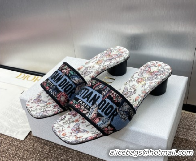 Luxury Discount Dior Dway Heel Slides Sandal 4.5cm in Embroidered Cotton with Multicolor Toile de Jouy Papillon Motif Bl