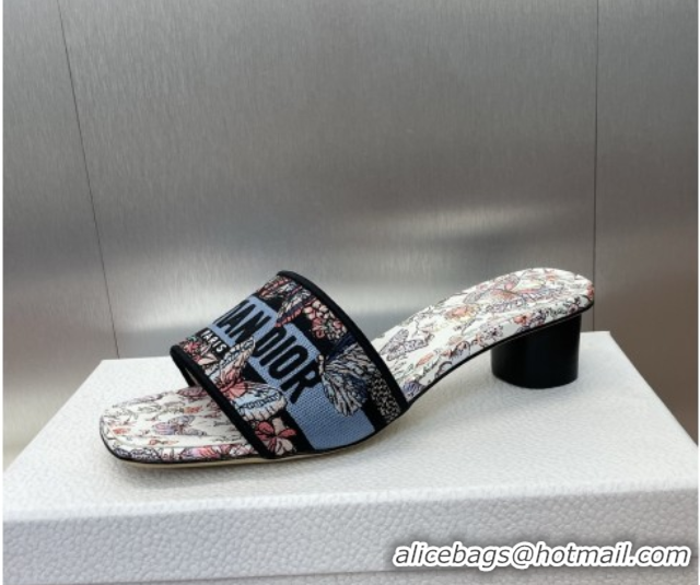 Luxury Discount Dior Dway Heel Slides Sandal 4.5cm in Embroidered Cotton with Multicolor Toile de Jouy Papillon Motif Bl