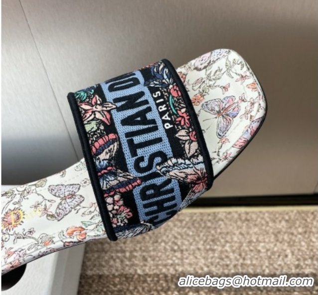 Luxury Discount Dior Dway Heel Slides Sandal 4.5cm in Embroidered Cotton with Multicolor Toile de Jouy Papillon Motif Bl