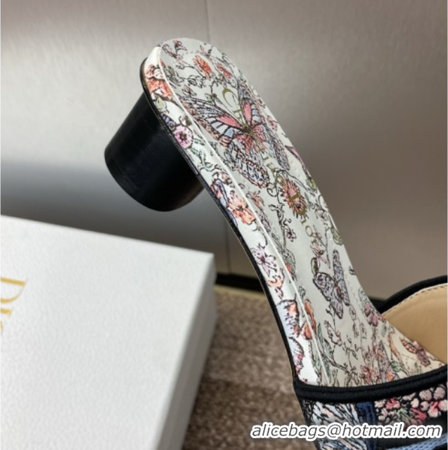 Luxury Discount Dior Dway Heel Slides Sandal 4.5cm in Embroidered Cotton with Multicolor Toile de Jouy Papillon Motif Bl