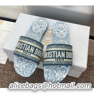 Luxury Dior Dway Flat Slides Sandal in Embroidered Cotton with D-Butterfly Paisley Motif Green 0425086