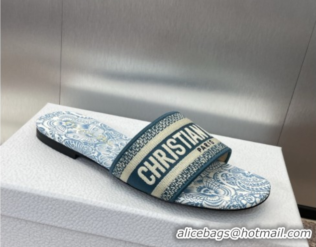 Luxury Dior Dway Flat Slides Sandal in Embroidered Cotton with D-Butterfly Paisley Motif Green 0425086