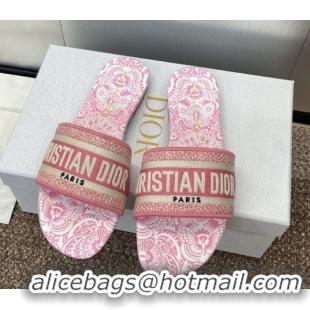 Grade Dior Dway Flat Slides Sandal in Embroidered Cotton with D-Butterfly Paisley Motif Pink 0425085