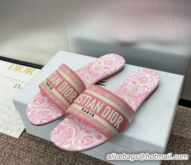 Grade Dior Dway Flat Slides Sandal in Embroidered Cotton with D-Butterfly Paisley Motif Pink 0425085