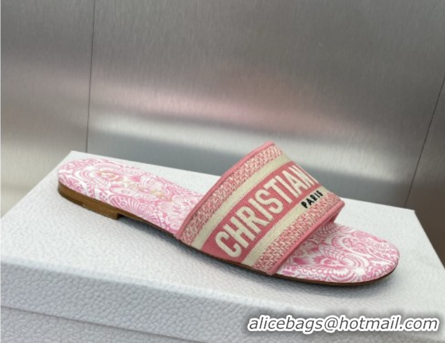 Grade Dior Dway Flat Slides Sandal in Embroidered Cotton with D-Butterfly Paisley Motif Pink 0425085