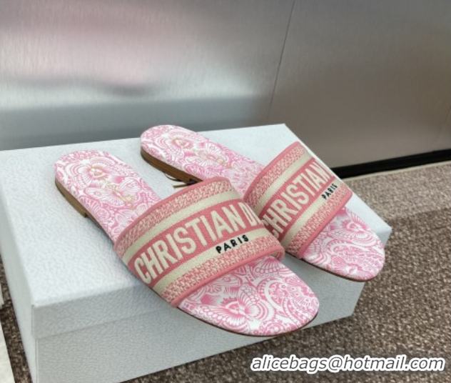 Grade Dior Dway Flat Slides Sandal in Embroidered Cotton with D-Butterfly Paisley Motif Pink 0425085