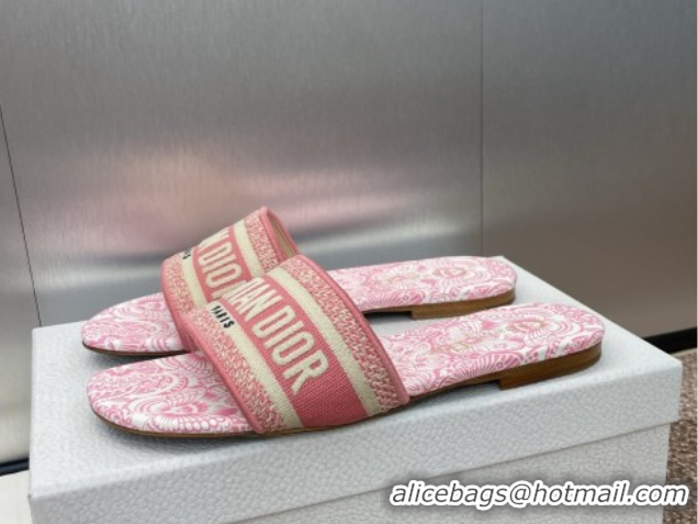 Grade Dior Dway Flat Slides Sandal in Embroidered Cotton with D-Butterfly Paisley Motif Pink 0425085