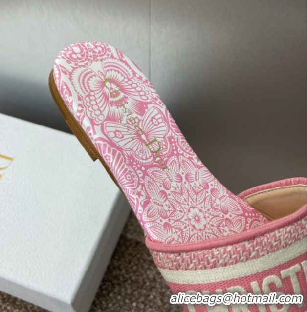 Grade Dior Dway Flat Slides Sandal in Embroidered Cotton with D-Butterfly Paisley Motif Pink 0425085