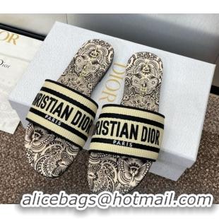 Lowest Cost Dior Dway Flat Slides Sandal in Beige Raffia Straw with D-Butterfly Paisley Motif 0425087
