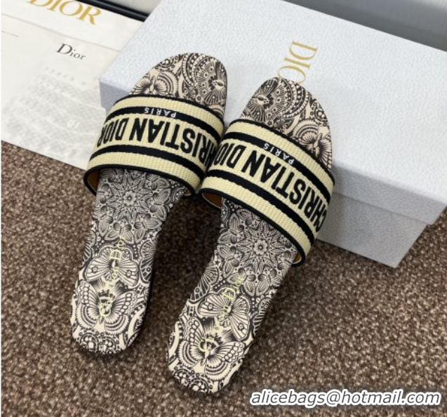Lowest Cost Dior Dway Flat Slides Sandal in Beige Raffia Straw with D-Butterfly Paisley Motif 0425087