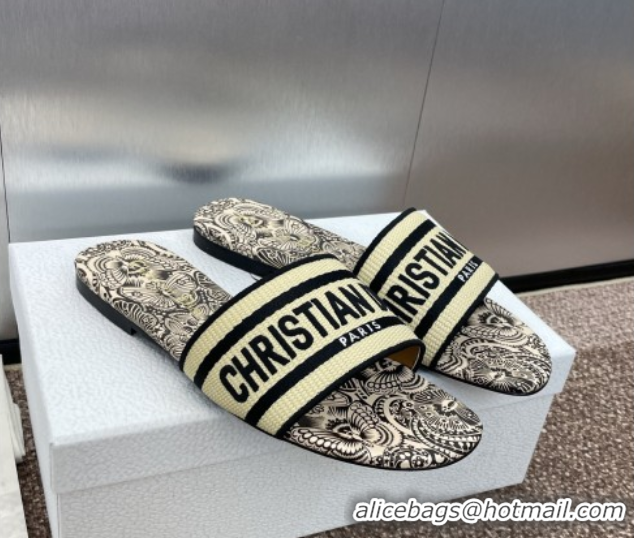 Lowest Cost Dior Dway Flat Slides Sandal in Beige Raffia Straw with D-Butterfly Paisley Motif 0425087
