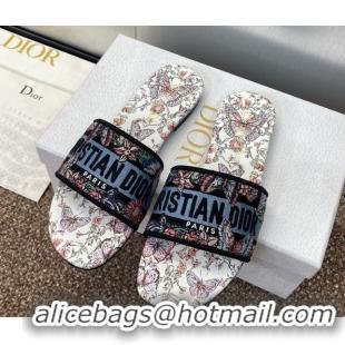 Luxury Dior Dway Flat Slides Sandal in Embroidered Cotton with Multicolor Toile de Jouy Papillon Motif Blue 0425088