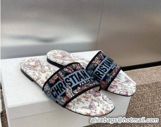 Luxury Dior Dway Flat Slides Sandal in Embroidered Cotton with Multicolor Toile de Jouy Papillon Motif Blue 0425088