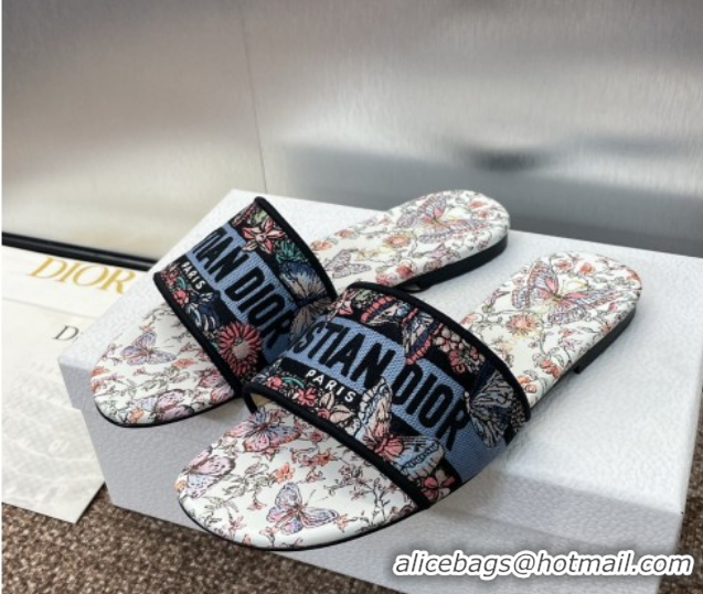 Luxury Dior Dway Flat Slides Sandal in Embroidered Cotton with Multicolor Toile de Jouy Papillon Motif Blue 0425088