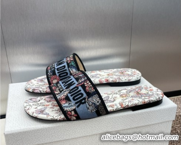 Luxury Dior Dway Flat Slides Sandal in Embroidered Cotton with Multicolor Toile de Jouy Papillon Motif Blue 0425088