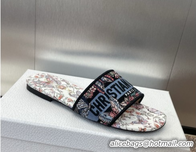 Luxury Dior Dway Flat Slides Sandal in Embroidered Cotton with Multicolor Toile de Jouy Papillon Motif Blue 0425088