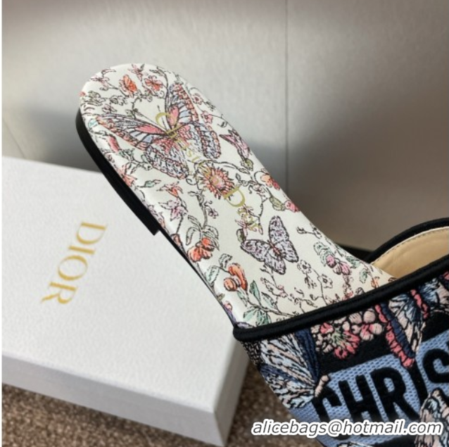 Luxury Dior Dway Flat Slides Sandal in Embroidered Cotton with Multicolor Toile de Jouy Papillon Motif Blue 0425088