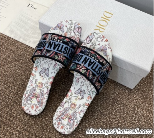 Luxury Dior Dway Flat Slides Sandal in Embroidered Cotton with Multicolor Toile de Jouy Papillon Motif Blue 0425088