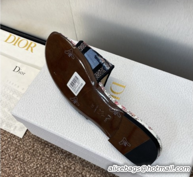 Luxury Dior Dway Flat Slides Sandal in Embroidered Cotton with Multicolor Toile de Jouy Papillon Motif Blue 0425088