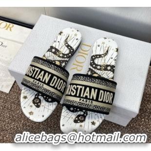 Lowest Price Dior Dway Flat Slides Sandal in Embroidered Cotton with Black and Beige Astral Motif 0425089