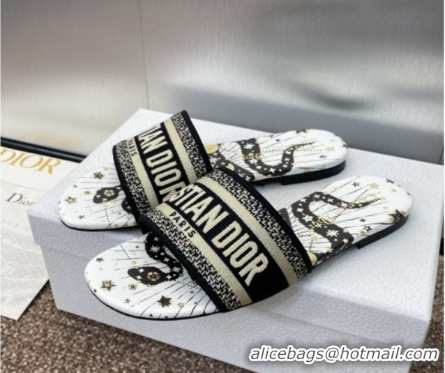 Lowest Price Dior Dway Flat Slides Sandal in Embroidered Cotton with Black and Beige Astral Motif 0425089