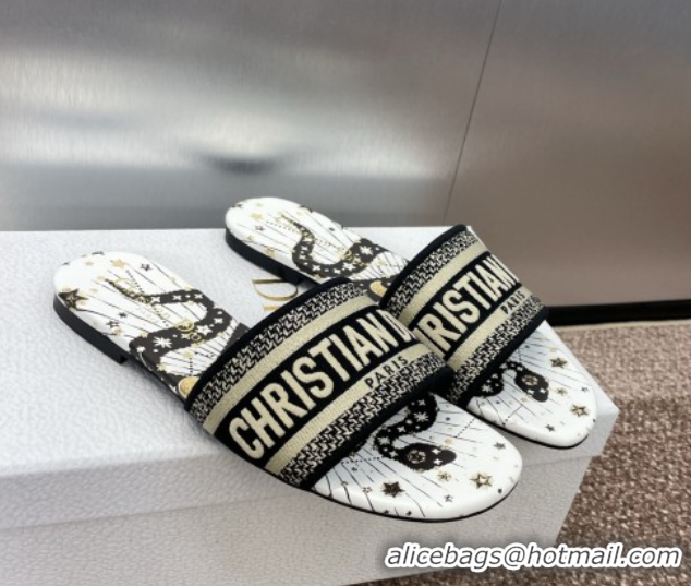 Lowest Price Dior Dway Flat Slides Sandal in Embroidered Cotton with Black and Beige Astral Motif 0425089