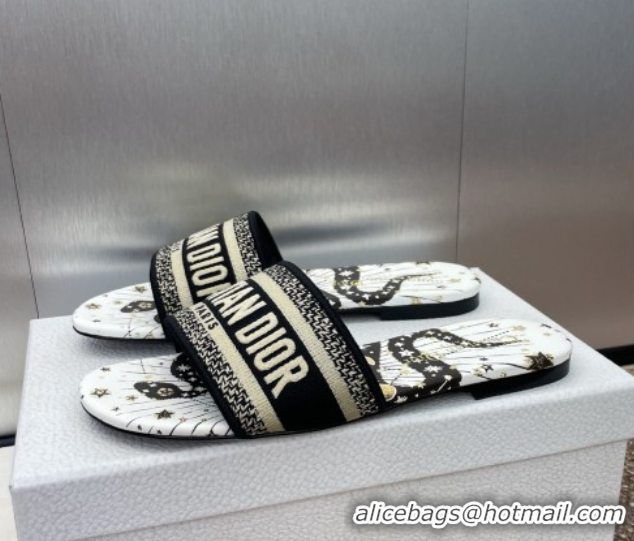 Lowest Price Dior Dway Flat Slides Sandal in Embroidered Cotton with Black and Beige Astral Motif 0425089