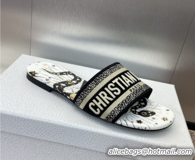 Lowest Price Dior Dway Flat Slides Sandal in Embroidered Cotton with Black and Beige Astral Motif 0425089