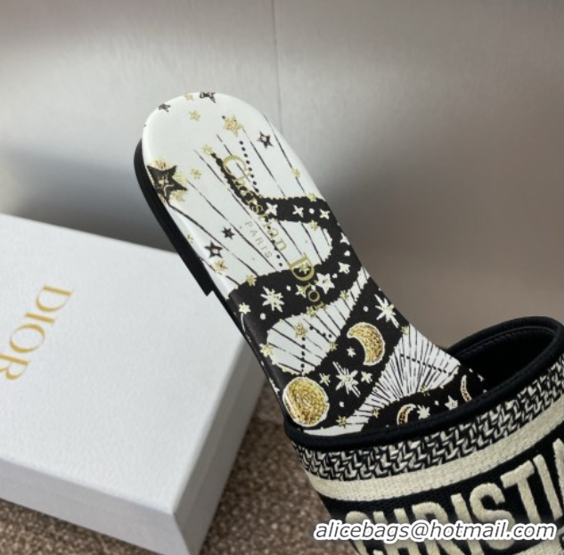 Lowest Price Dior Dway Flat Slides Sandal in Embroidered Cotton with Black and Beige Astral Motif 0425089