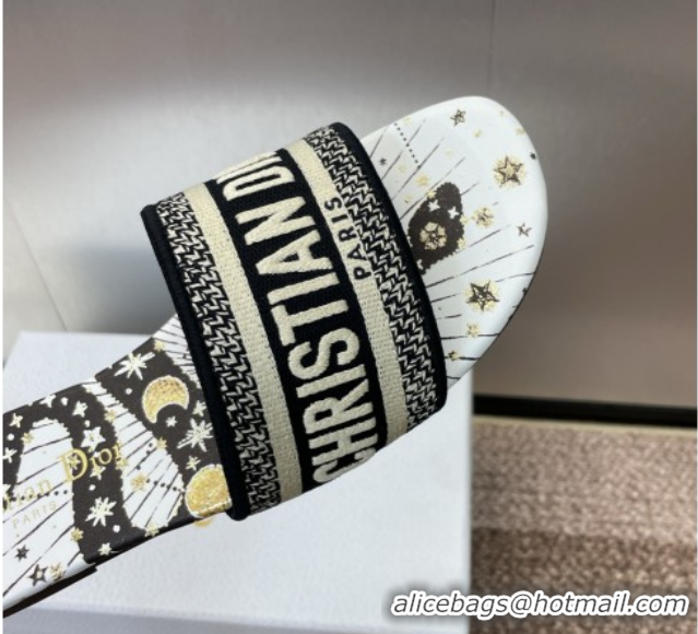 Lowest Price Dior Dway Flat Slides Sandal in Embroidered Cotton with Black and Beige Astral Motif 0425089