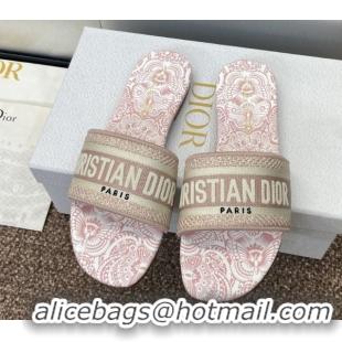 Shop Cheap Dior Dway Flat Slides Sandal in Embroidered Cotton with D-Butterfly Paisley Motif Light Pink 0425090