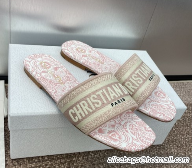 Shop Cheap Dior Dway Flat Slides Sandal in Embroidered Cotton with D-Butterfly Paisley Motif Light Pink 0425090