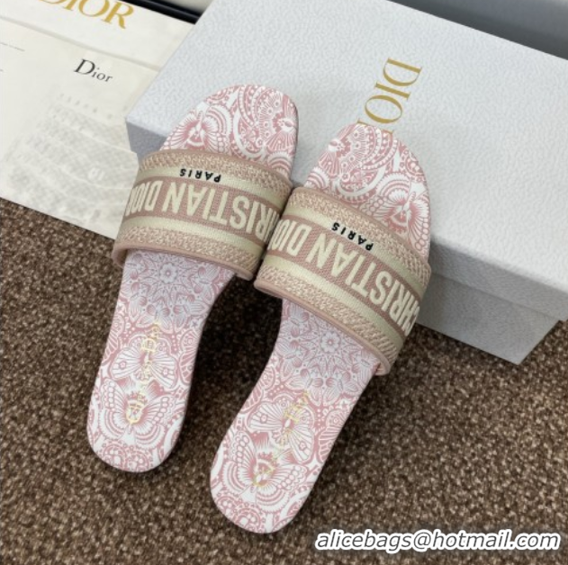 Shop Cheap Dior Dway Flat Slides Sandal in Embroidered Cotton with D-Butterfly Paisley Motif Light Pink 0425090