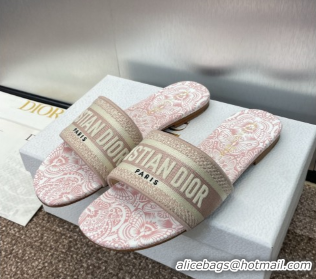 Shop Cheap Dior Dway Flat Slides Sandal in Embroidered Cotton with D-Butterfly Paisley Motif Light Pink 0425090
