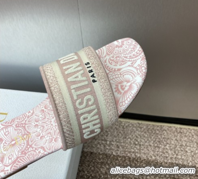 Shop Cheap Dior Dway Flat Slides Sandal in Embroidered Cotton with D-Butterfly Paisley Motif Light Pink 0425090