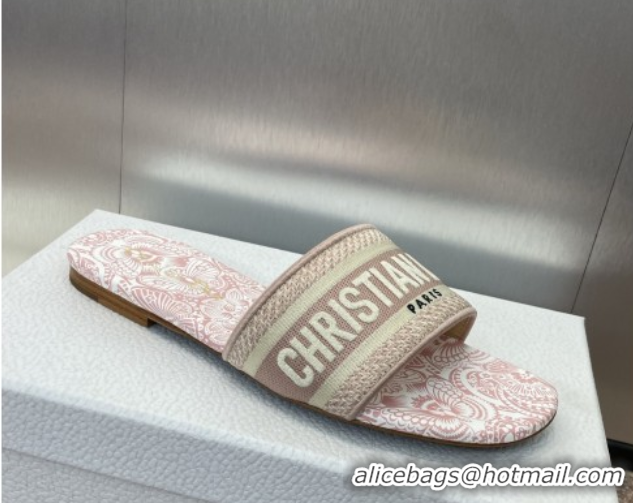 Shop Cheap Dior Dway Flat Slides Sandal in Embroidered Cotton with D-Butterfly Paisley Motif Light Pink 0425090